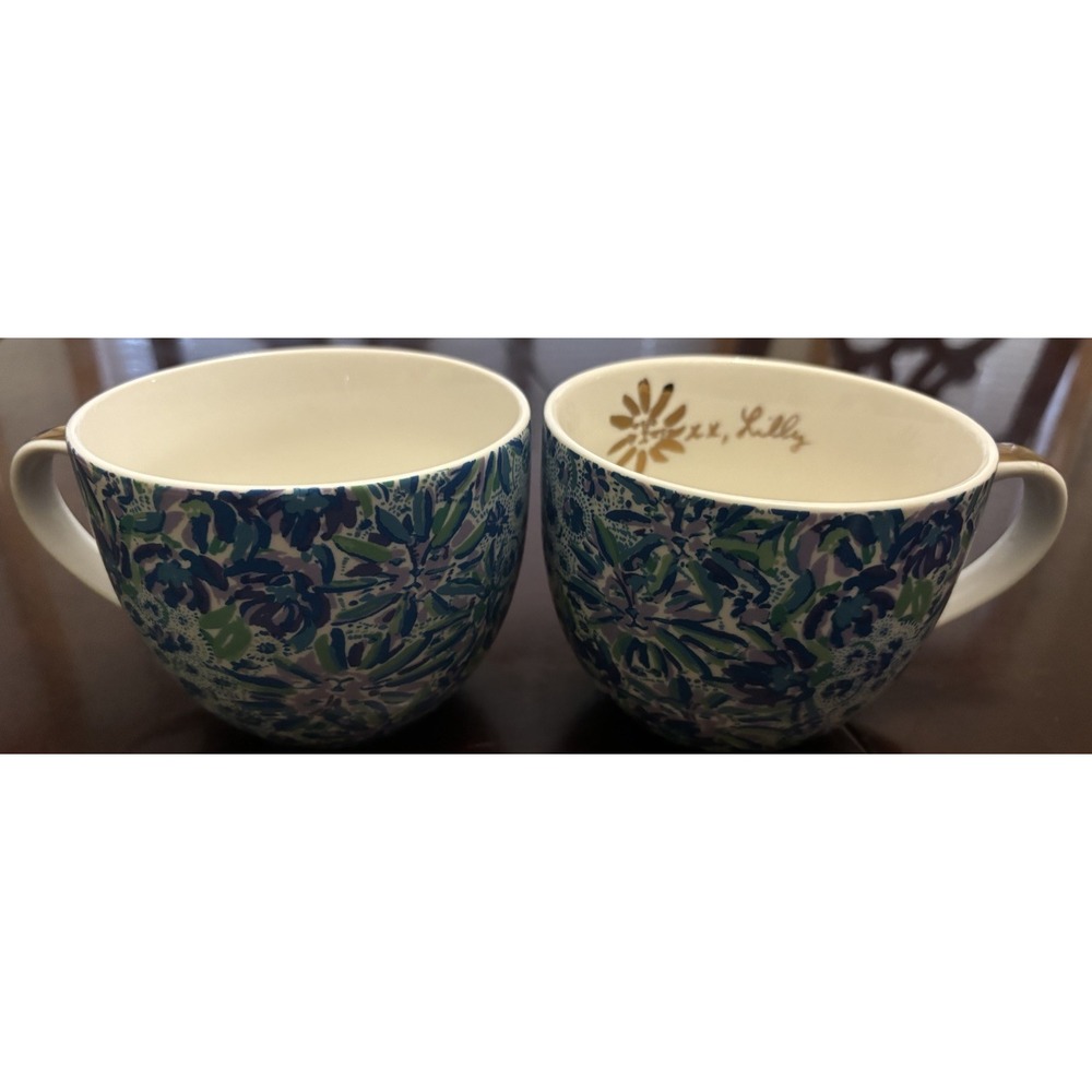 2 Lilly Pulitzer Coffee Mugs Lion Blue Green Floral Cup With Gold Trim 12 oz